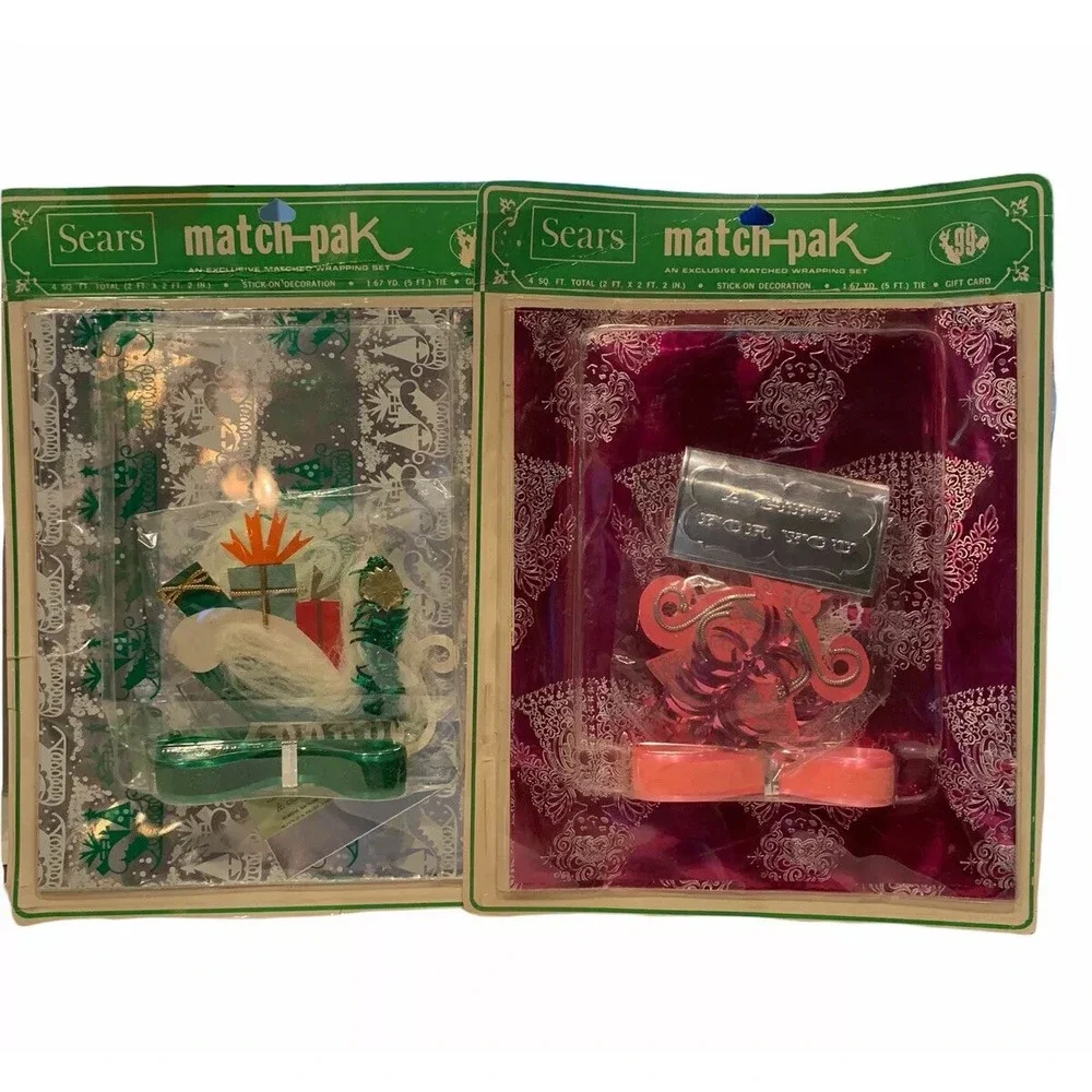 Vintage MCM Sears Match-Pak Christmas Gift Wrapping Paper & Decoration NEW NOS